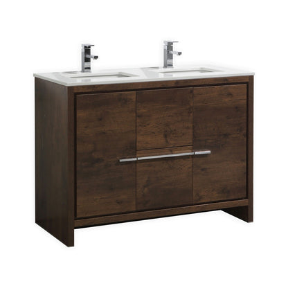 A modern rose wood finish double sink bathroom vanity with white quartz countertop and stainless steel handles.