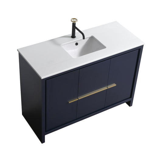 48'' KubeBath Navy Blue Modern Bathroom Vanity with White Quartz Counter-Top