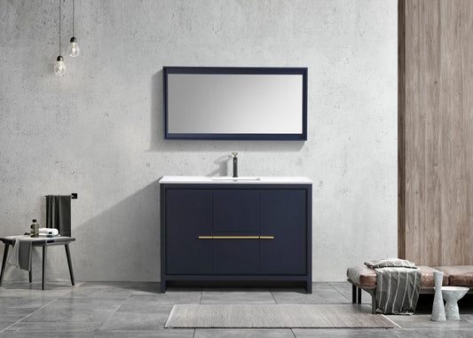 48'' KubeBath Navy Blue Modern Bathroom Vanity with White Quartz Counter-Top