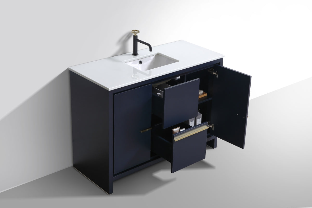 48'' KubeBath Navy Blue Modern Bathroom Vanity with White Quartz Counter-Top