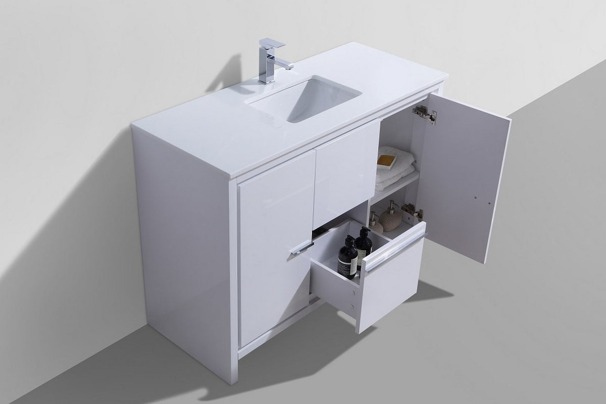 48″ KubeBath Dolce High Gloss White Modern Bathroom Vanity with White Quartz Counter-Top