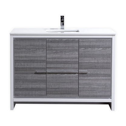 A modern bathroom vanity with ash gray wood veneer and white quartz countertop, featuring a white undermount ceramic sink and aluminum handles.