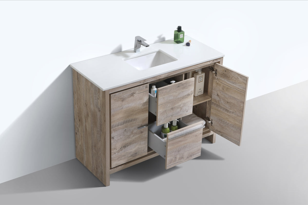 48″ KubeBath Dolce Nature Wood Modern Bathroom Vanity with White Quartz Counter-Top