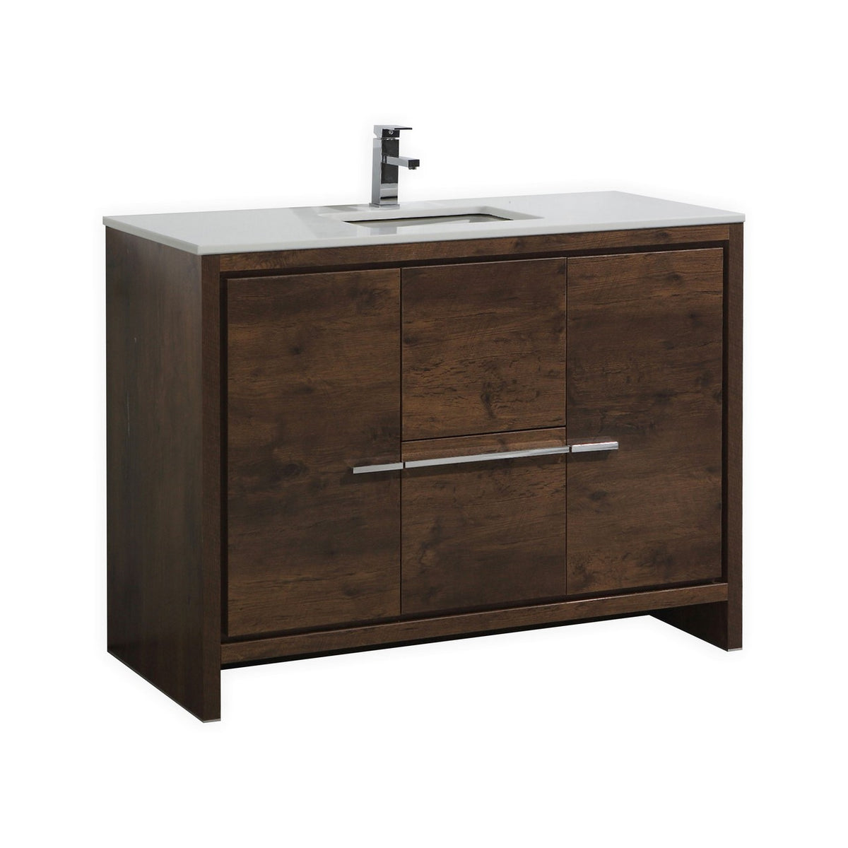 A modern bathroom vanity with rose wood finish and a white quartz countertop, featuring a white undermount ceramic sink and aluminum handles.