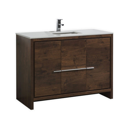 A modern bathroom vanity with rose wood finish and a white quartz countertop, featuring a white undermount ceramic sink and aluminum handles.