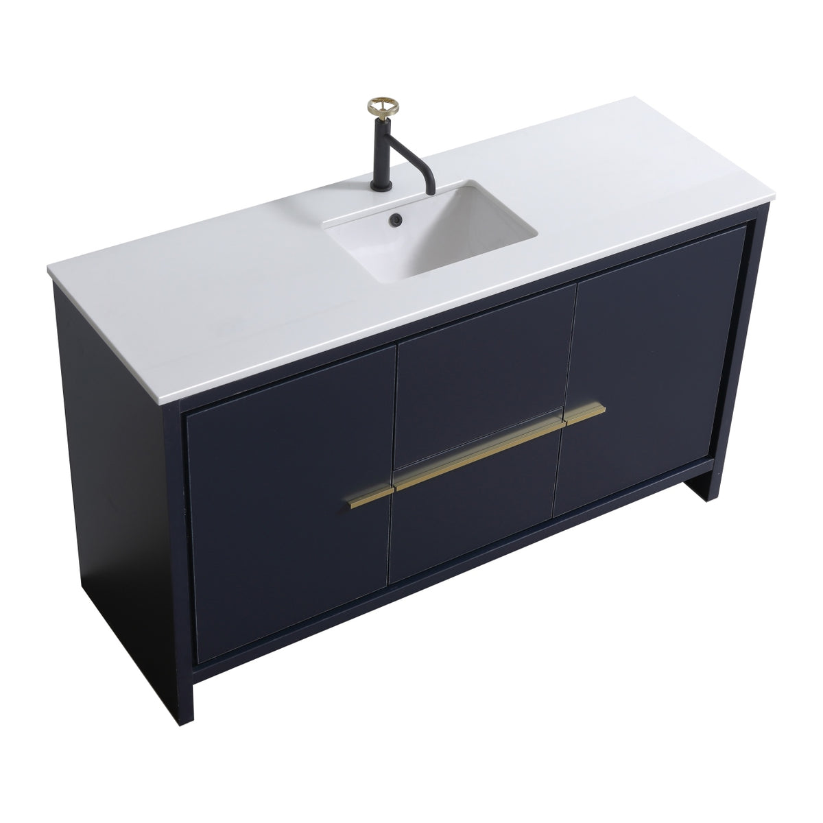 Navy blue modern bathroom vanity with white quartz countertop and gold finish aluminum handle, shown without mirror or faucet.