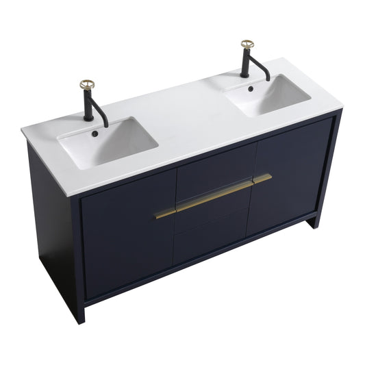 60'' KubeBath Dolce Double Sink Navy Blue Modern Bathroom Vanity with White Quartz Counter-Top