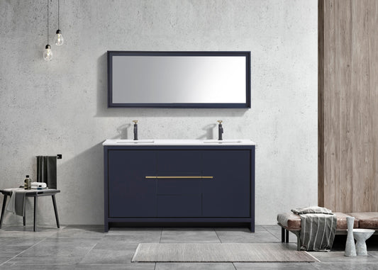 60'' KubeBath Dolce Double Sink Navy Blue Modern Bathroom Vanity with White Quartz Counter-Top