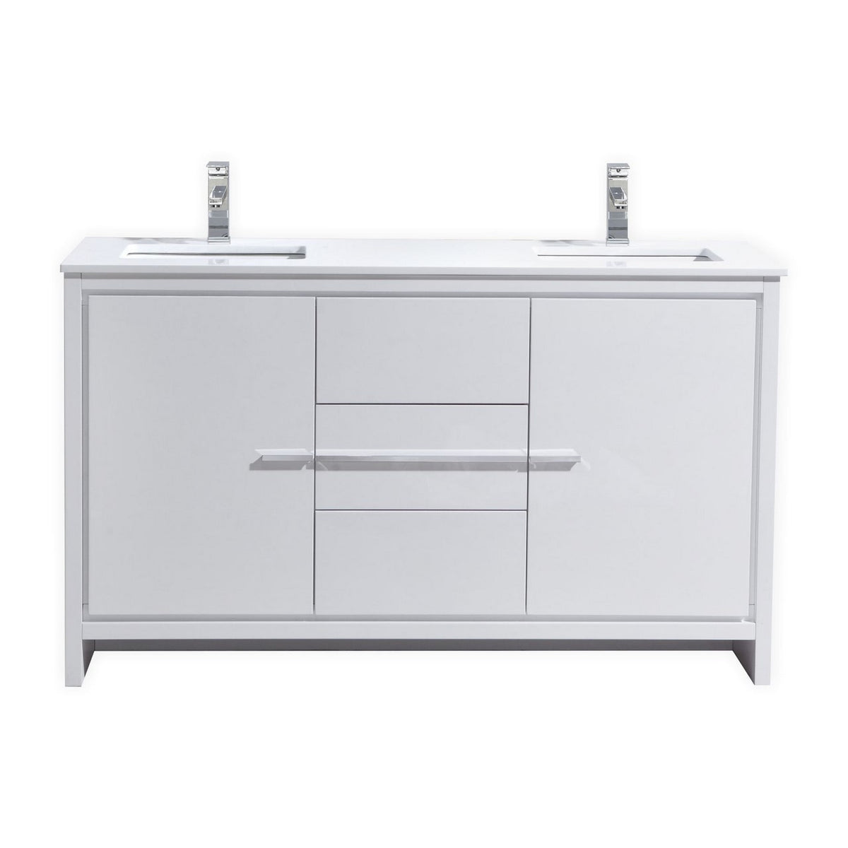60'' KubeBath Dolce Double Sink High Gloss White Modern Bathroom Vanity with White Quartz Counter-Top