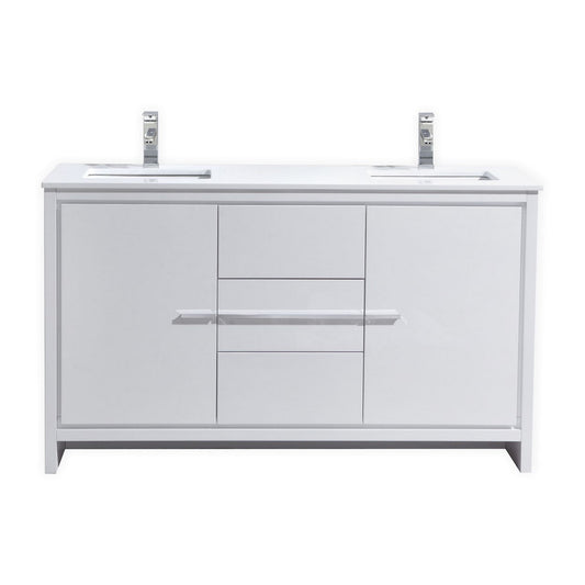 60'' KubeBath Dolce Double Sink High Gloss White Modern Bathroom Vanity with White Quartz Counter-Top