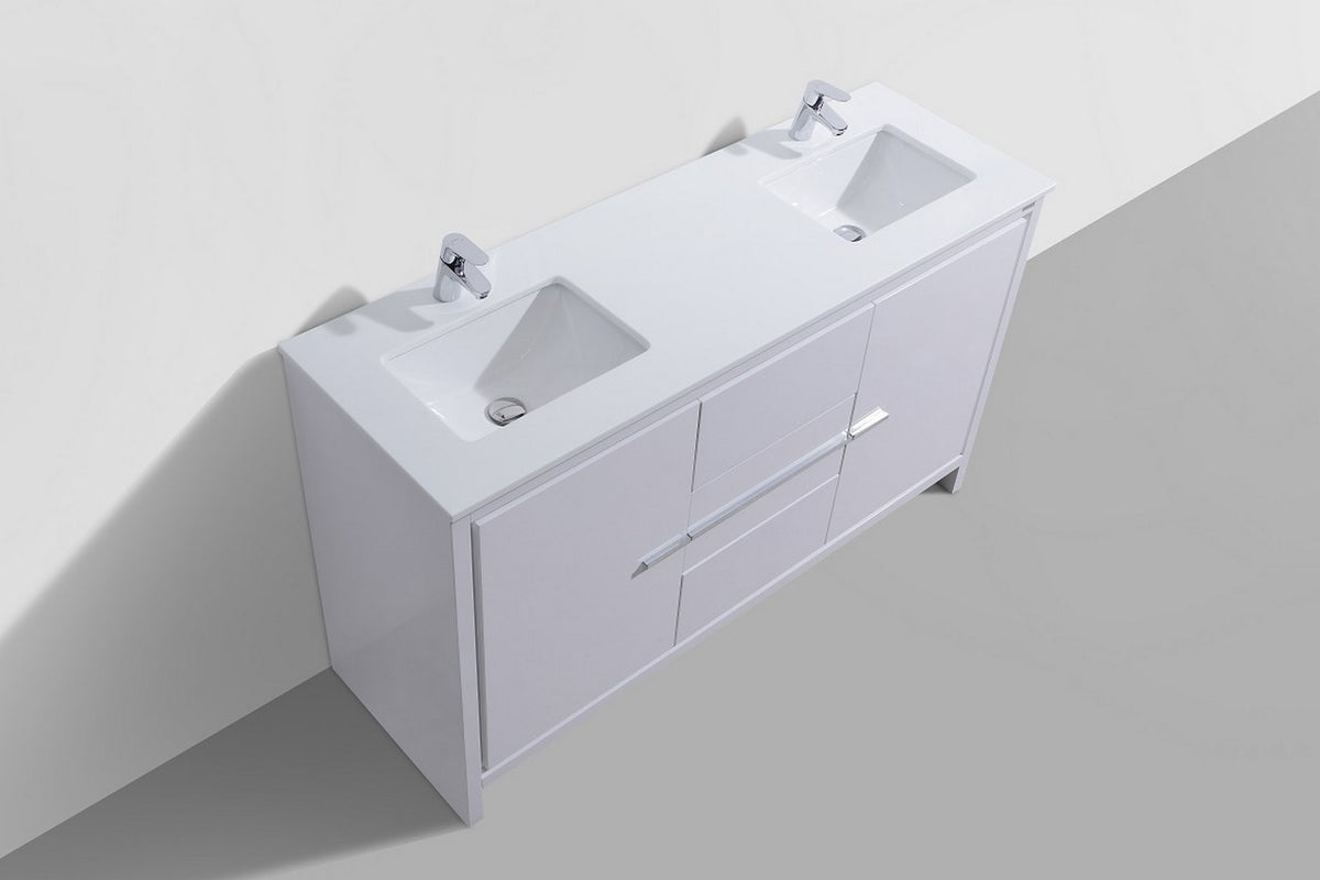 60'' KubeBath Dolce Double Sink High Gloss White Modern Bathroom Vanity with White Quartz Counter-Top