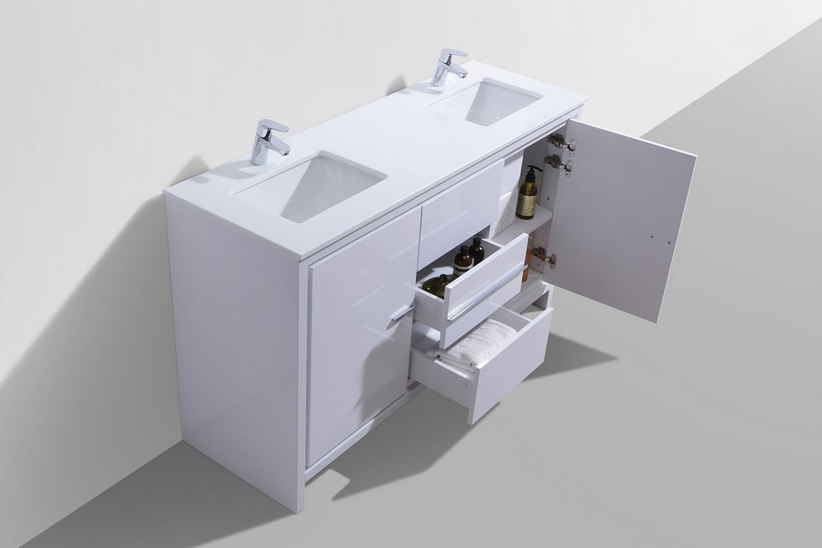 60'' KubeBath Dolce Double Sink High Gloss White Modern Bathroom Vanity with White Quartz Counter-Top