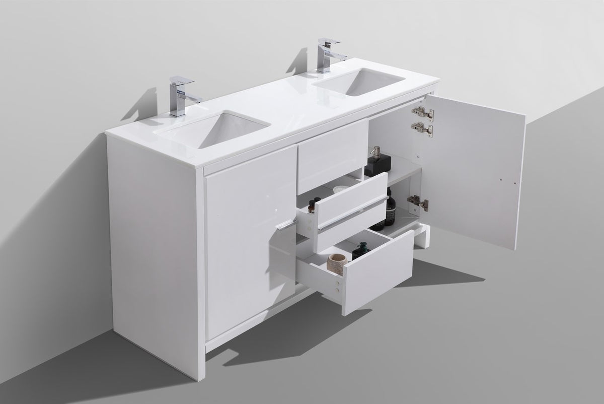 60'' KubeBath Dolce Double Sink High Gloss White Modern Bathroom Vanity with White Quartz Counter-Top