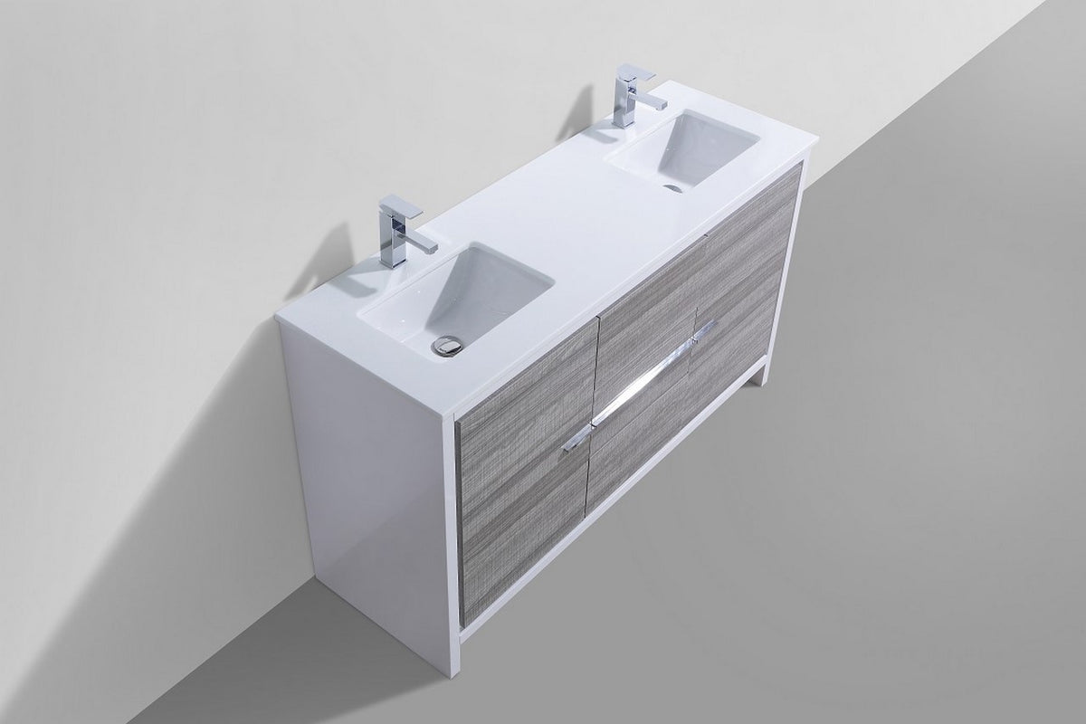 60'' KubeBath Dolce Double Sink Ash Grey Modern Bathroom Vanity with White Quartz Counter-Top