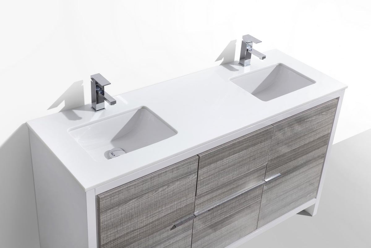 60'' KubeBath Dolce Double Sink Ash Grey Modern Bathroom Vanity with White Quartz Counter-Top