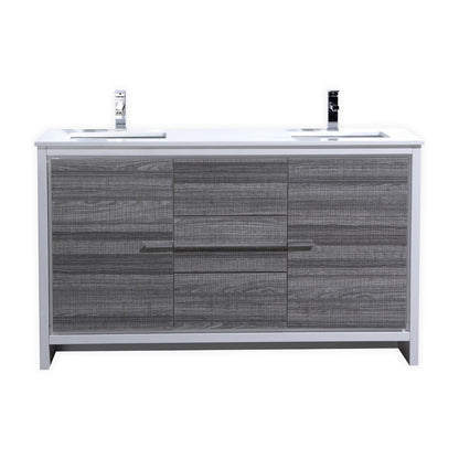 Modern ash gray bathroom vanity with two sinks, featuring a white quartz countertop, aluminum handles, and a high gloss finish. The image shows the vanity without mirrors, faucets, or pop-drains.