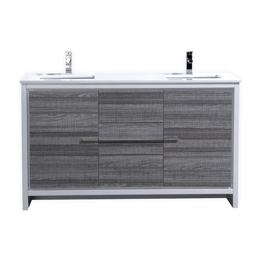 Modern ash gray bathroom vanity with two sinks, featuring a white quartz countertop, aluminum handles, and a high gloss finish. The image shows the vanity without mirrors, faucets, or pop-drains.