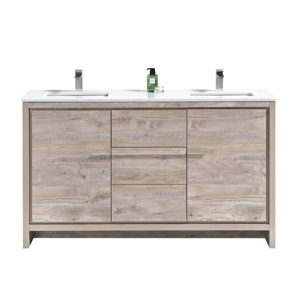 60'' KubeBath Dolce Double Sink Nature Wood Modern Bathroom Vanity with White Quartz Counter-Top