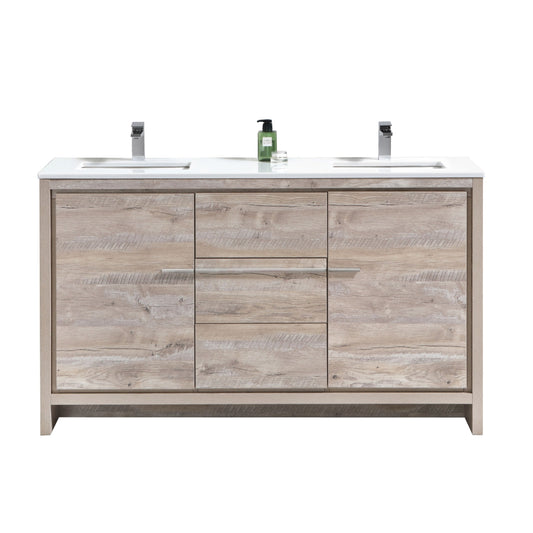 60'' KubeBath Dolce Double Sink Nature Wood Modern Bathroom Vanity with White Quartz Counter-Top