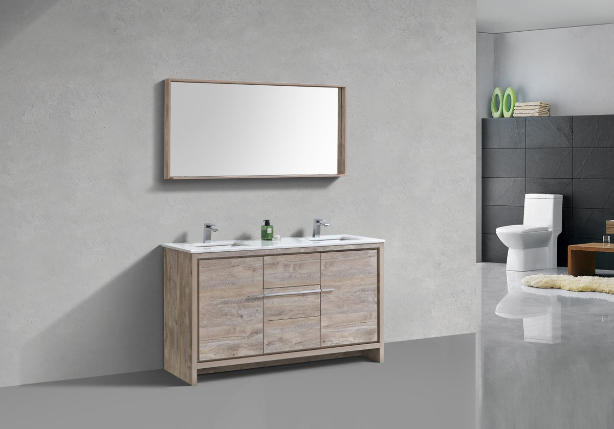 60'' KubeBath Dolce Double Sink Nature Wood Modern Bathroom Vanity with White Quartz Counter-Top