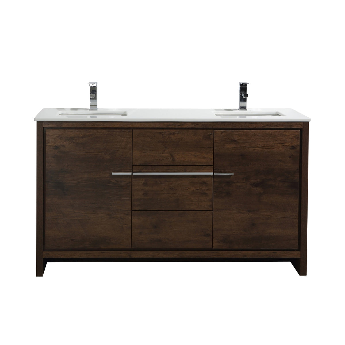 60'' KubeBath Dolce Double Sink Rose Wood Modern Bathroom Vanity with White Quartz Counter-Top