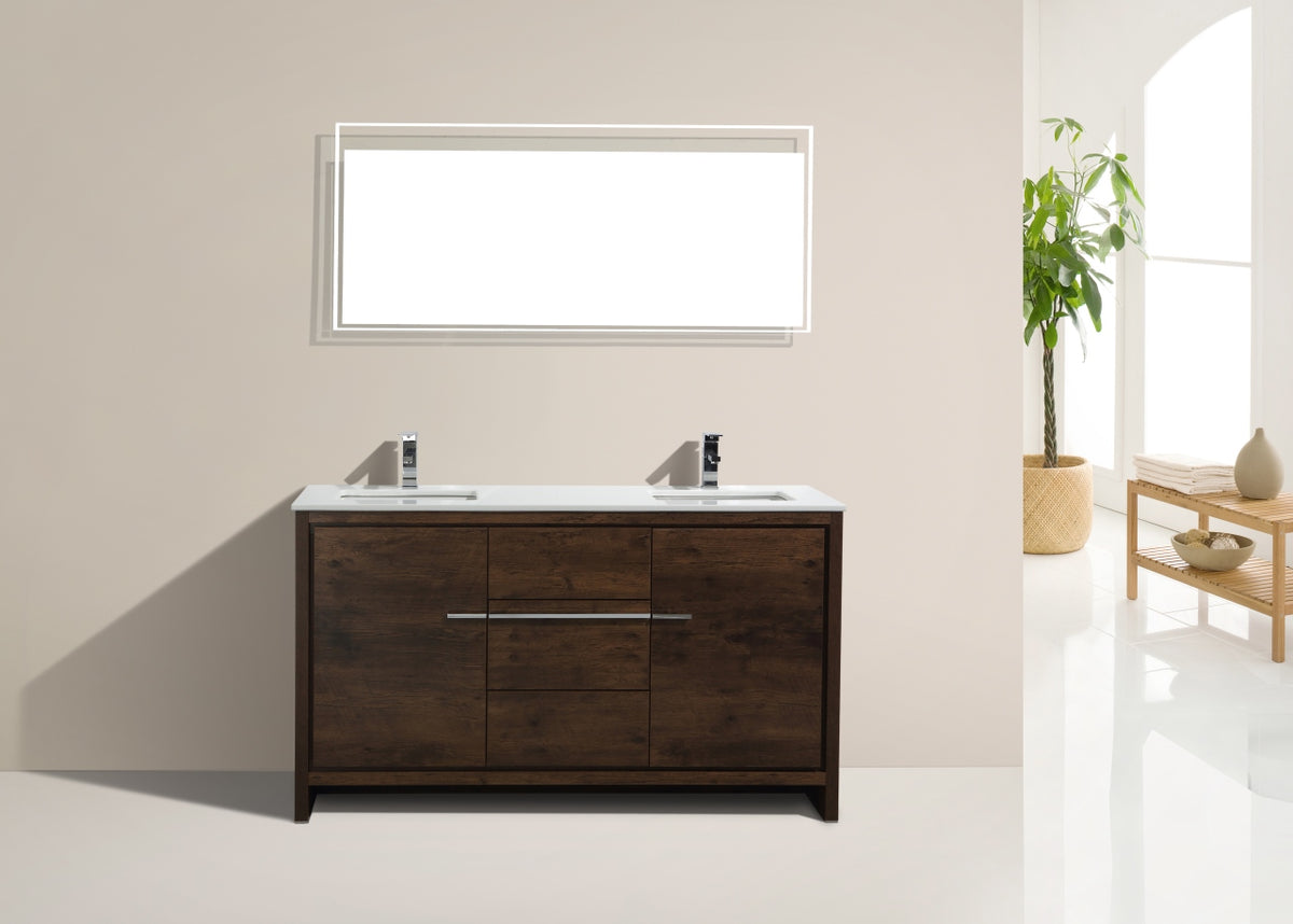 60'' KubeBath Dolce Double Sink Rose Wood Modern Bathroom Vanity with White Quartz Counter-Top