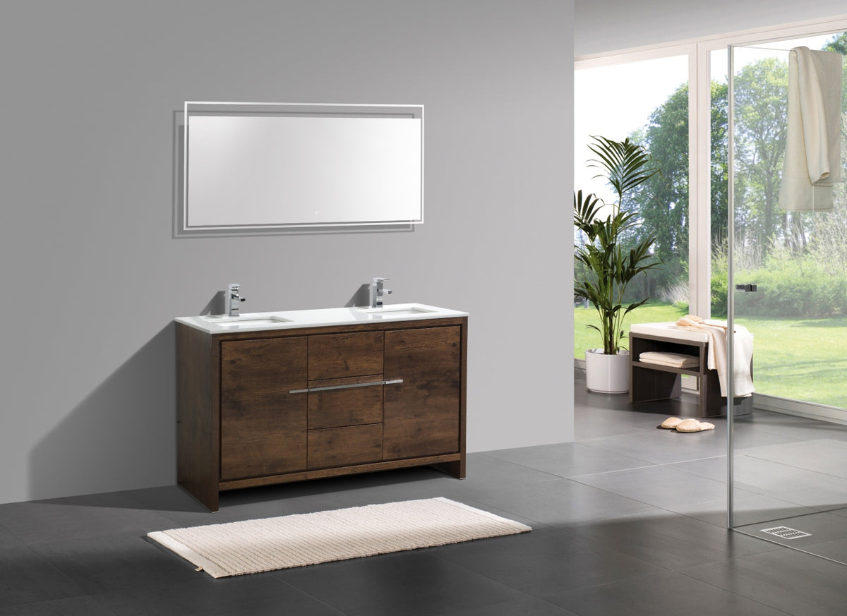 60'' KubeBath Dolce Double Sink Rose Wood Modern Bathroom Vanity with White Quartz Counter-Top