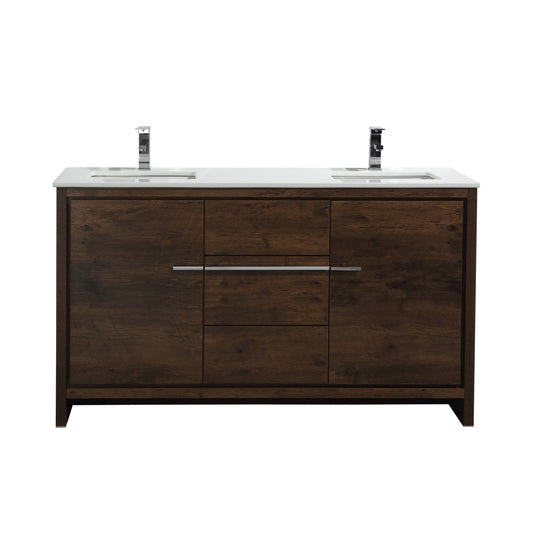 Modern rose wood finish double sink bathroom vanity with white quartz countertop and silver aluminum handles.