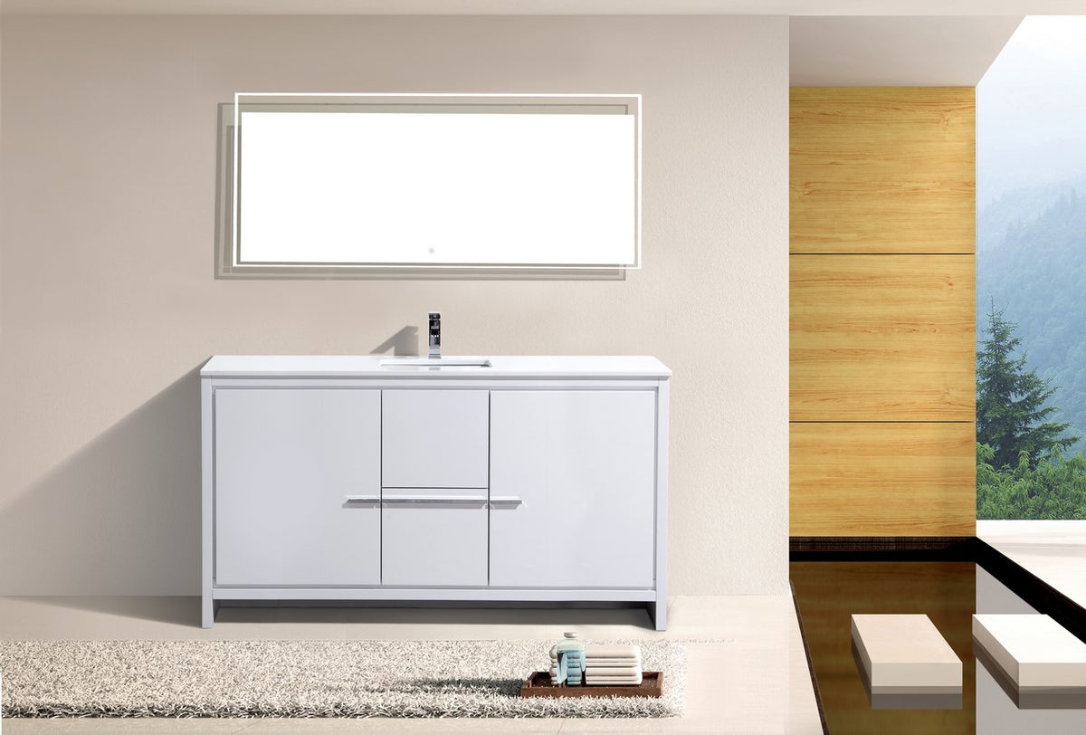 60'' KubeBath Dolce Single Sink High Gloss White Modern Bathroom Vanity with White Quartz Counter-Top