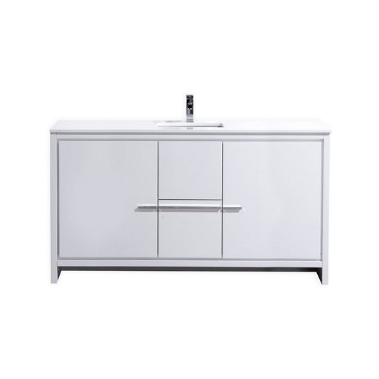 Modern white bathroom vanity with a quartz countertop and undermount sink, featuring aluminum handles and two functional doors.
