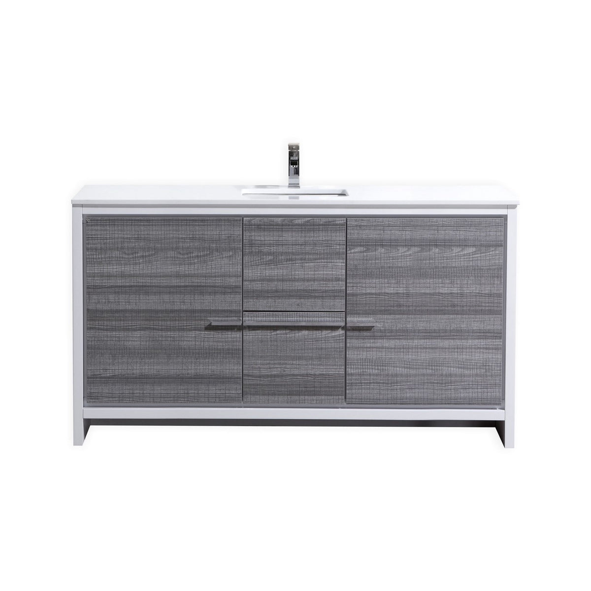 A modern bathroom vanity with ash gray finish, featuring two doors, three drawers, a white quartz countertop, and a white undermount ceramic sink.