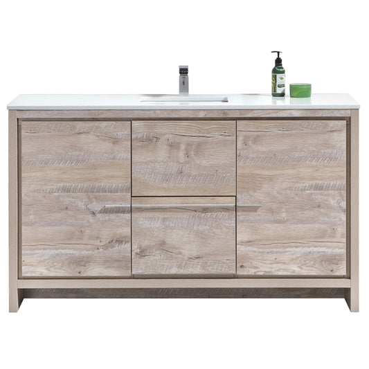 Modern bathroom vanity with a nature wood finish and white quartz countertop, featuring a single sink and aluminum handles.