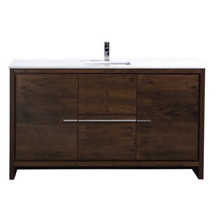 60'' KubeBath Dolce Single Sink Rose Wood Modern Bathroom Vanity with White Quartz Counter-Top