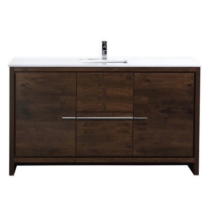 60'' KubeBath Dolce Single Sink Rose Wood Modern Bathroom Vanity with White Quartz Counter-Top
