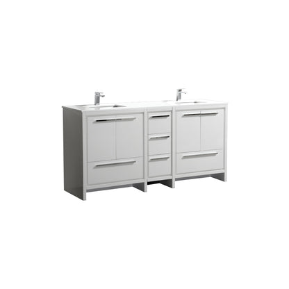 72'' KubeBath Dolce Double Sink Gloss White Modern Bathroom Vanity with White Quartz Counter-Top - Restock ETA Mid of Nov