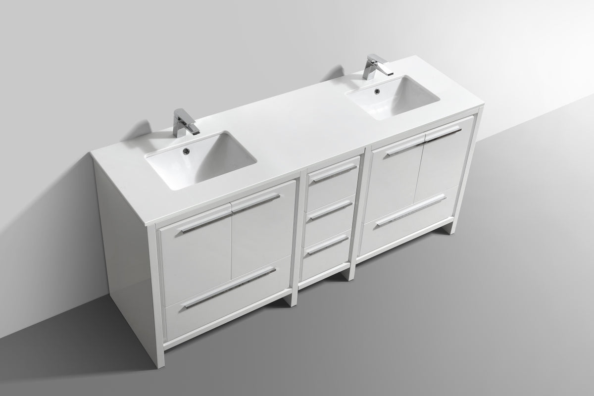 72'' KubeBath Dolce Double Sink Gloss White Modern Bathroom Vanity with White Quartz Counter-Top - Restock ETA Mid of Nov