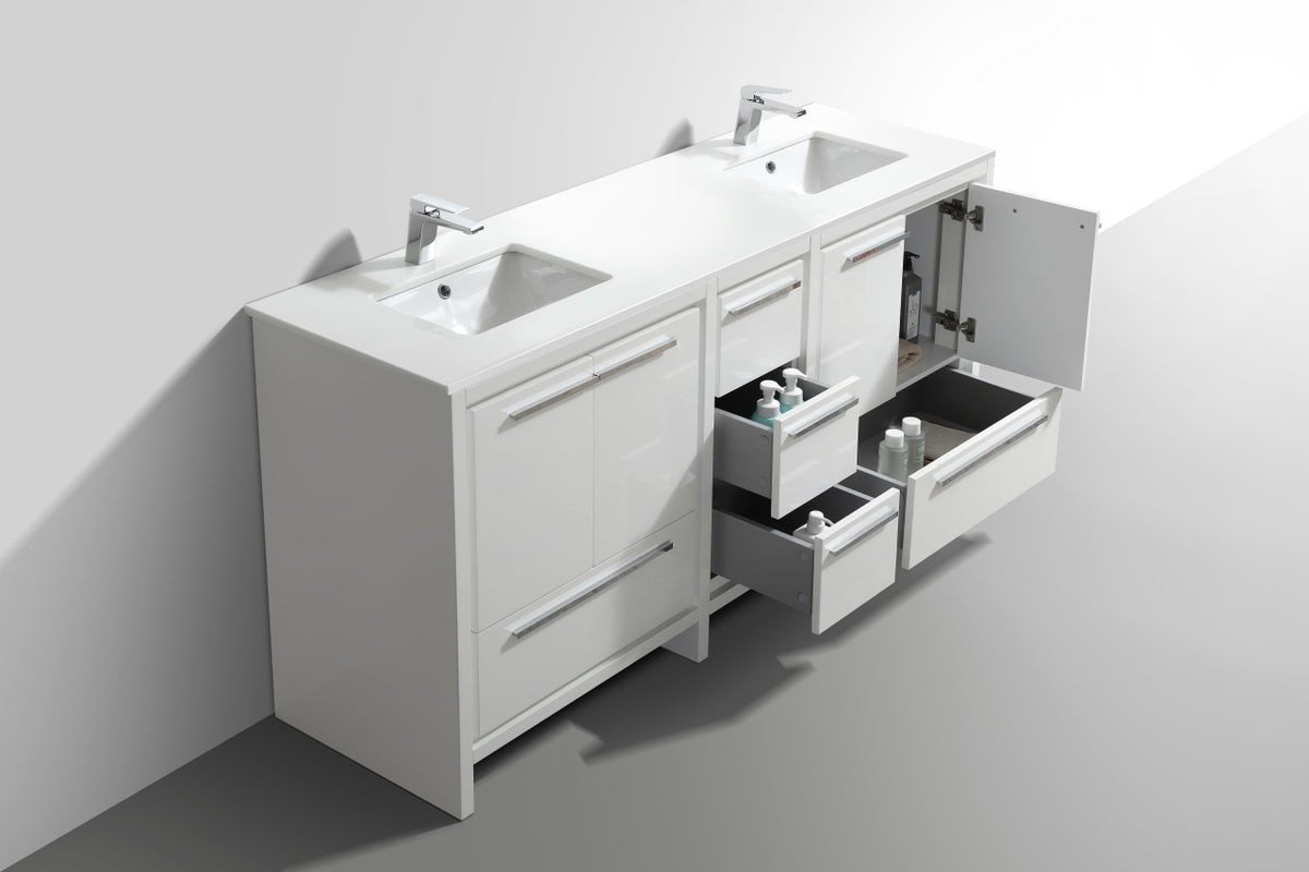 72'' KubeBath Dolce Double Sink Gloss White Modern Bathroom Vanity with White Quartz Counter-Top - Restock ETA Mid of Nov