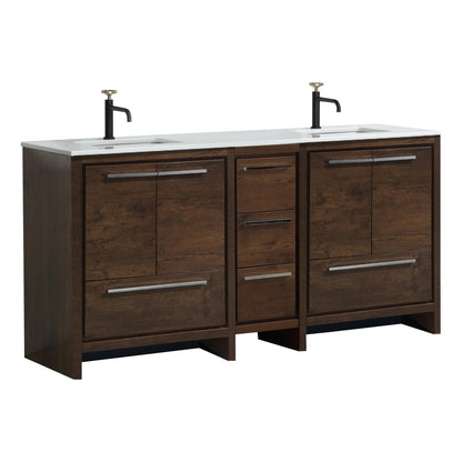 Modern double sink bathroom vanity with rose wood finish and white quartz countertop, featuring aluminum handles and undermount ceramic sinks.