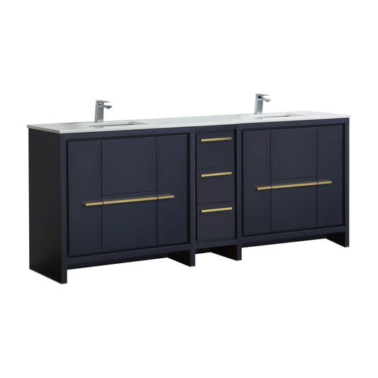 83'' KubeBath Dolce Double Sink Navy Blue Modern Bathroom Vanity with White Quartz Counter-Top