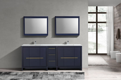 83'' KubeBath Dolce Double Sink Navy Blue Modern Bathroom Vanity with White Quartz Counter-Top