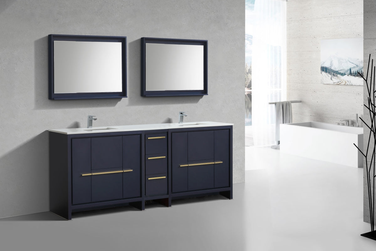 83'' KubeBath Dolce Double Sink Navy Blue Modern Bathroom Vanity with White Quartz Counter-Top