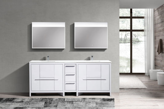 83'' KubeBath Dolce Double Sink High Gloss White Modern Bathroom Vanity with White Quartz Counter-Top