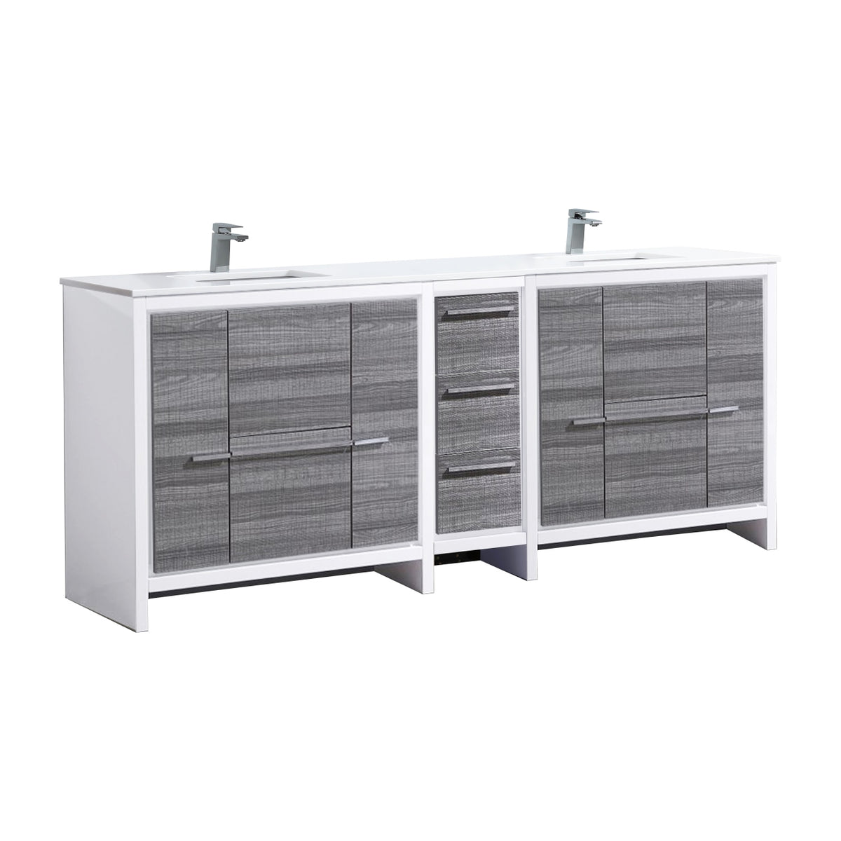 83'' KubeBath Dolce Double Sink High Gloss Ash Grey Modern Bathroom Vanity with White Quartz Counter-Top - Display Model Final Sale