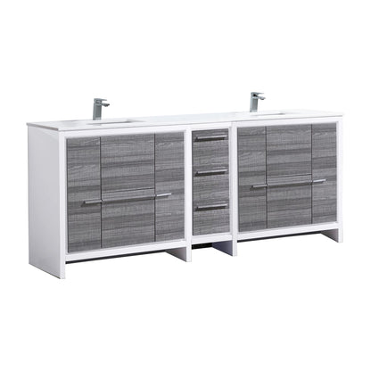 83'' KubeBath Dolce Double Sink High Gloss Ash Grey Modern Bathroom Vanity with White Quartz Counter-Top - Display Model Final Sale