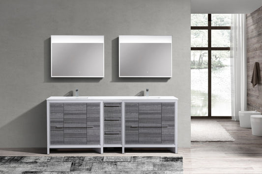 83'' KubeBath Dolce Double Sink High Gloss Ash Grey Modern Bathroom Vanity with White Quartz Counter-Top - Display Model Final Sale