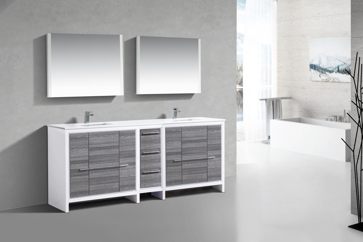 83'' KubeBath Dolce Double Sink High Gloss Ash Grey Modern Bathroom Vanity with White Quartz Counter-Top - Display Model Final Sale