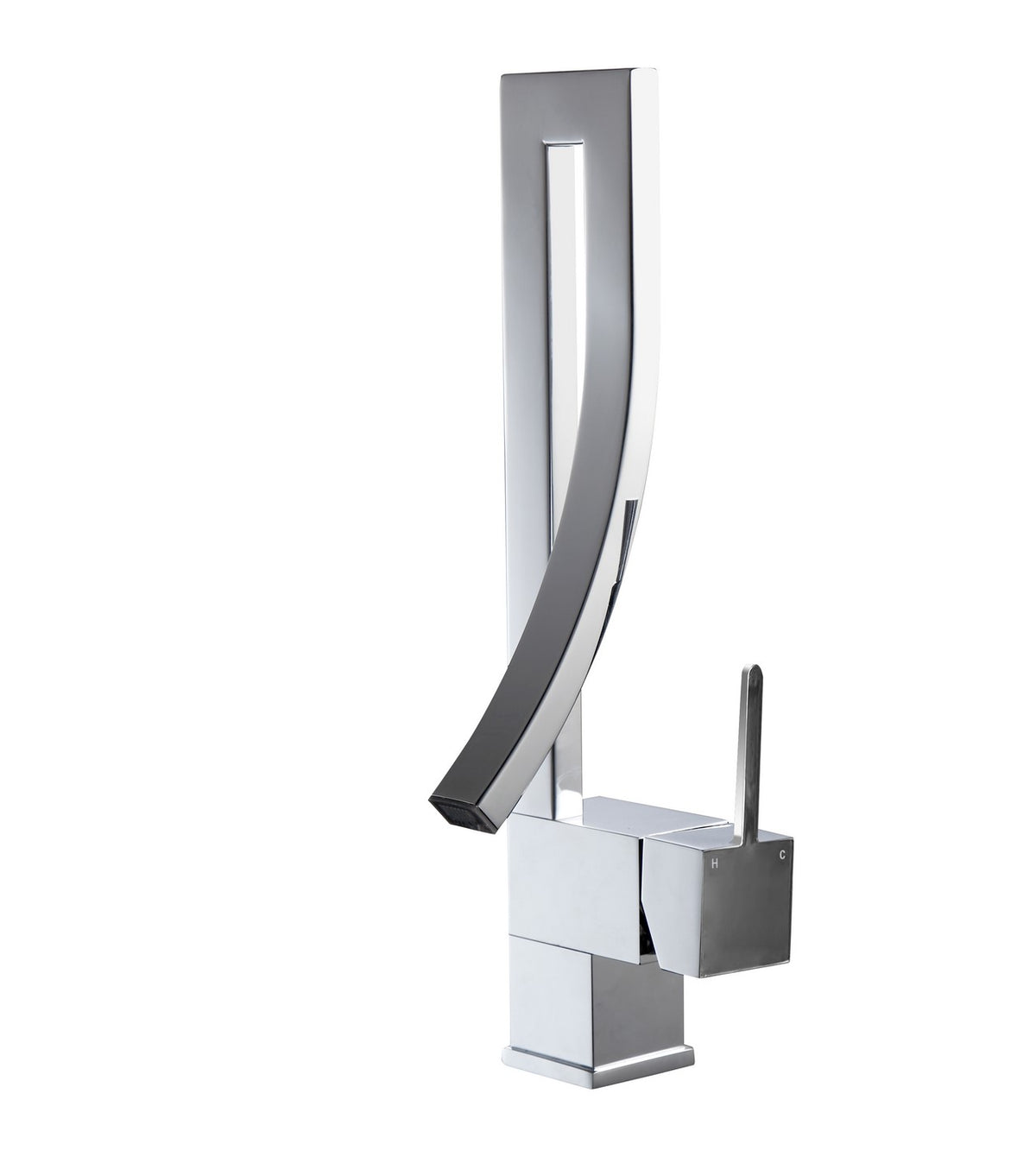 A polished chrome faucet with a single lever, displayed against a white background.
