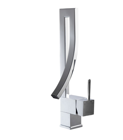 A polished chrome faucet with a single lever, displayed against a white background.