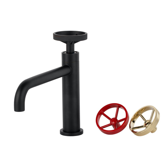 A matte black single lever bathroom vanity faucet with two extra handles in red and gold, displayed alongside the faucet.