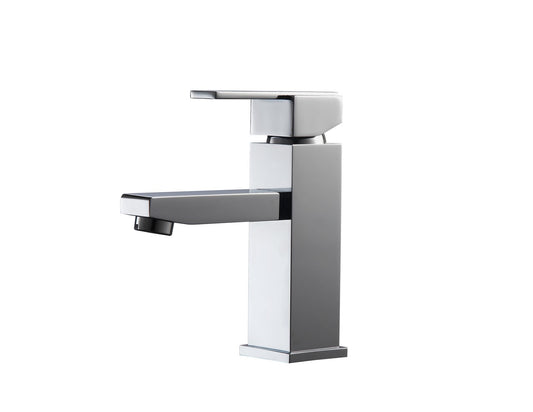 A polished chrome bathroom vanity faucet with a single lever, displayed against a white background.